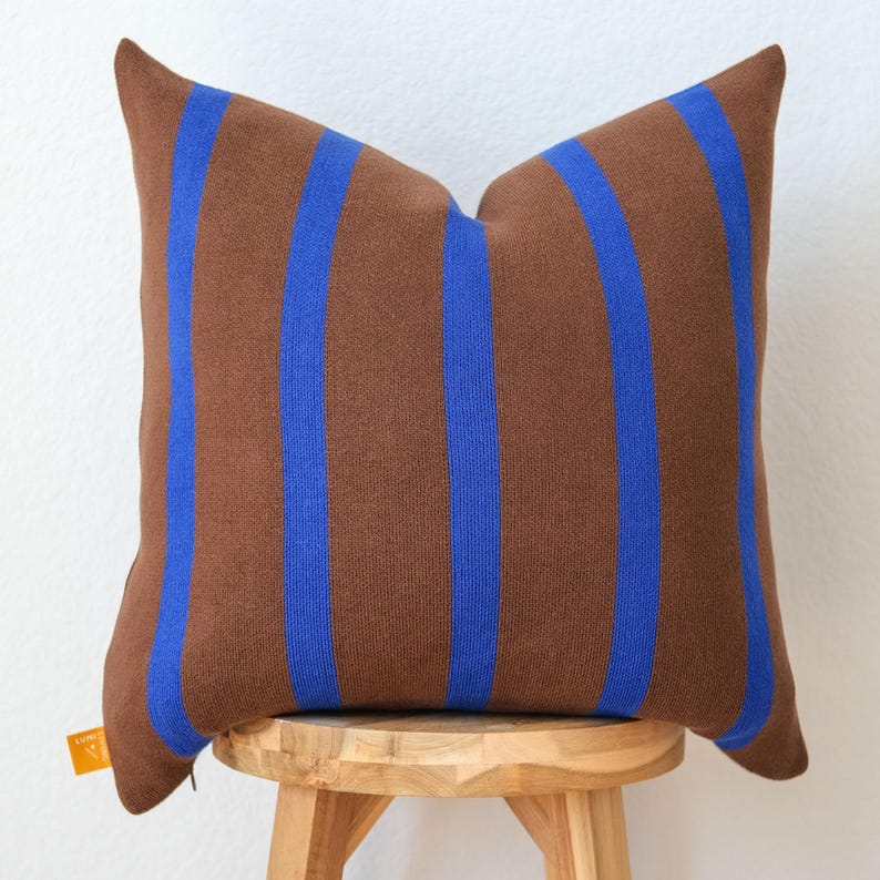 Vertical Stripe Cotton Knit Pillow Cover – Chocolate Brown & Cobalt Blue