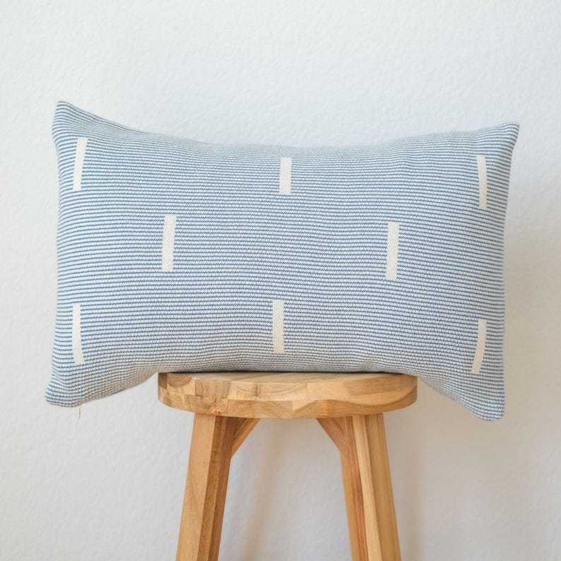 Modern Geometric Dash Lines Cotton Lumbar Throw Pillow Cover 12x20 - Blue / Mustard Yellow