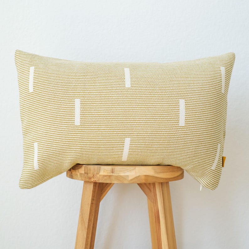 Modern Geometric Dash Lines Cotton Lumbar Throw Pillow Cover 12x20 - Blue / Mustard Yellow