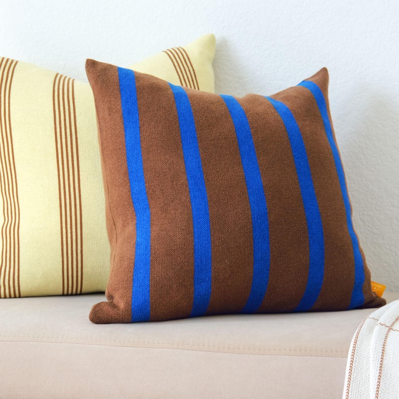 Vertical Stripe Cotton Knit Pillow Cover – Chocolate Brown & Cobalt Blue