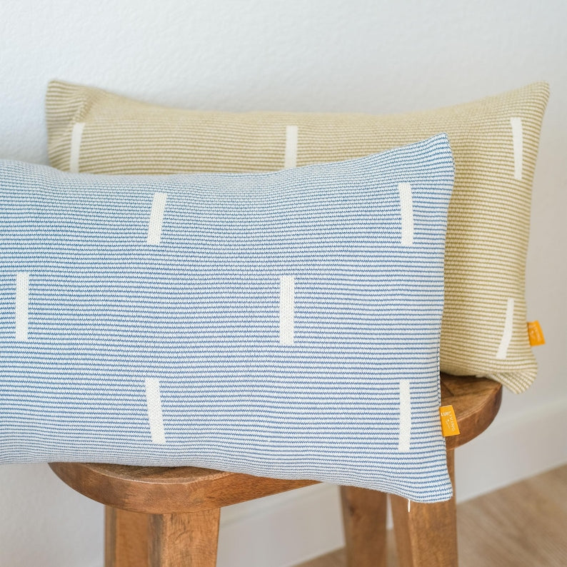 Modern Geometric Dash Lines Cotton Lumbar Throw Pillow Cover 12x20 - Blue / Mustard Yellow