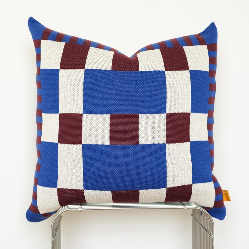 Cobalt & Merlot Knit Pillow Cover – Bold Color-Block Design | Studio Grid Series