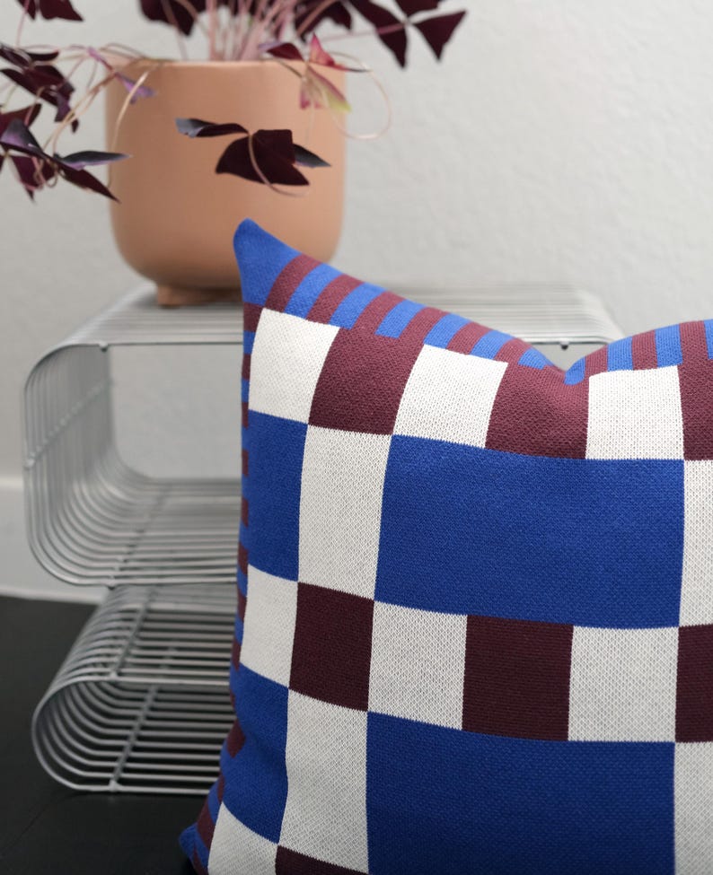 Cobalt & Merlot Knit Pillow Cover – Bold Color-Block Design | Studio Grid Series