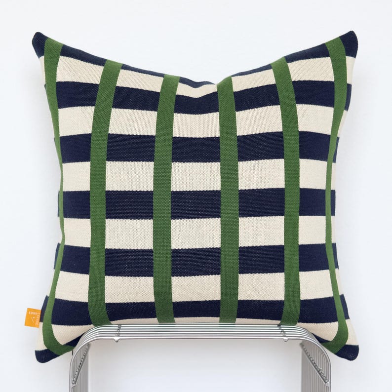 Contrast Stripe Knit Pillow Cover – Navy & Green Color Block | Studio Grid Series