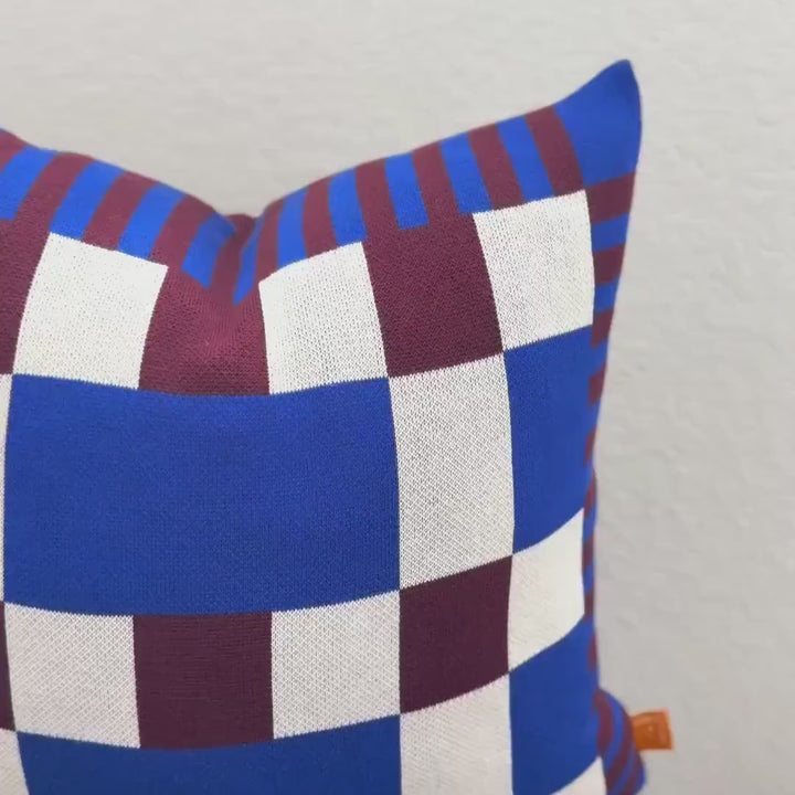 Cobalt & Merlot Knit Pillow Cover – Bold Color-Block Design | Studio Grid Series